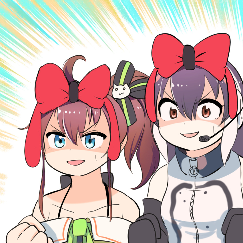 2girls african_penguin_(kemono_friends) animal_costume black_hair blue_eyes brown_eyes brown_hair gloves headphones highres hololive kemono_friends kemono_friends_3 kemono_friends_v_project long_hair mcgunngu microphone multicolored_hair multiple_girls natsuiro_matsuri open_mouth penguin_costume ribbon virtual_youtuber