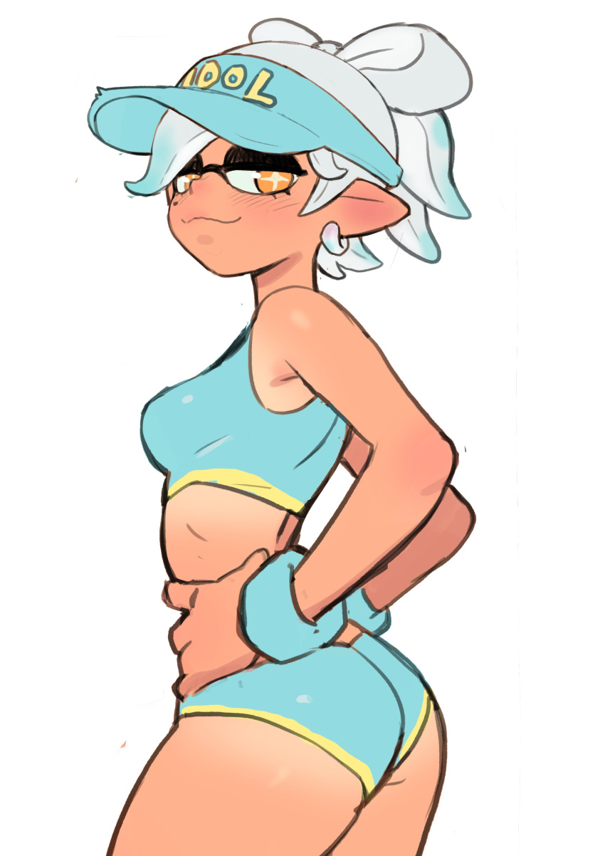 1girl absurdres ass breasts cephalopod_eyes colo_(nagrolaz) earrings hat highres jewelry looking_at_viewer marie_(splatoon) medium_breasts mole mole_under_eye short_hair solo splatoon_(series) splatoon_1 suction_cups tan tanlines tentacle_hair