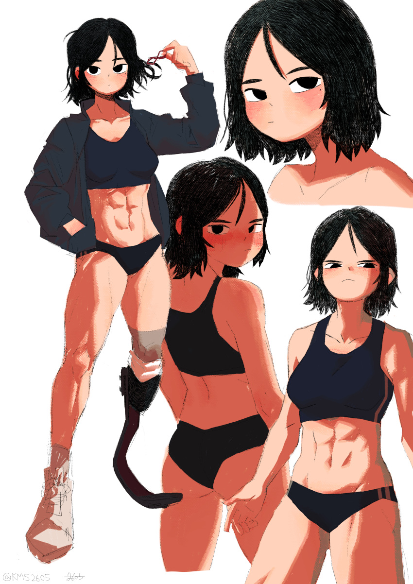 1girl :/ abs absurdres amputee black_eyes black_hair blush collarbone frown full_body highres jacket kms2605 looking_at_viewer looking_back looking_to_the_side medium_hair mole mole_under_eye multiple_views original prosthesis prosthetic_leg simple_background sports_bra sportswear toned white_background