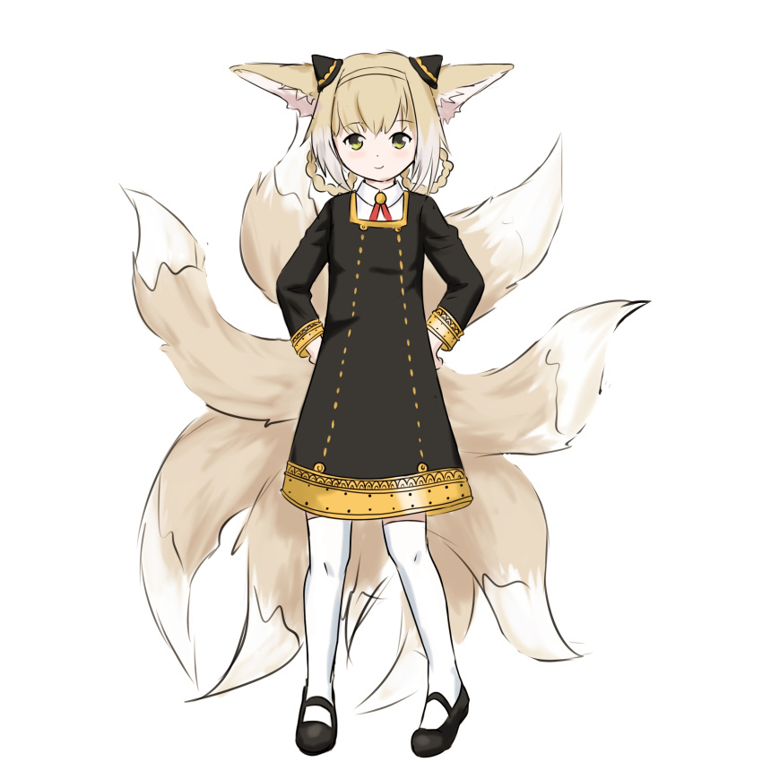 1girl absurdres animal_ears anya_(spy_x_family) anya_(spy_x_family)_(cosplay) arknights bangs black_dress black_footwear blonde_hair commentary cosplay dress english_commentary eyebrows_visible_through_hair fia_(mcstacygoldie) fox_ears fox_tail full_body hair_cones hair_ornament hair_rings hands_up highres long_sleeves looking_at_viewer mary_janes shoes short_dress short_hair simple_background smile solo spy_x_family standing suzuran_(arknights) tail thigh-highs white_background white_legwear yellow_eyes