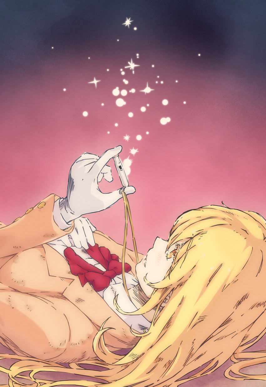 1girl blonde_hair blush bow bowtie breasts bright_pupils brown_jacket colorized commentary eyebrows_visible_through_hair from_side gazing_eye gloves gradient gradient_background grey_background haimura_kiyotaka hand_on_own_chest hand_up highres holding holding_whistle jacket large_breasts light_blush light_brown_jacket light_particles lips long_hair long_sleeves looking_away looking_up lying novel_illustration official_art on_back orange_eyes pink_background pink_lips red_bow red_bowtie school_uniform shiny shiny_hair shirt shokuhou_misaki sparkle sparkling_eyes spoilers symbol-shaped_pupils t-shirt toaru_majutsu_no_index toaru_majutsu_no_index:_new_testament tokiwadai_school_uniform whistle white_gloves white_shirt yellow_pupils
