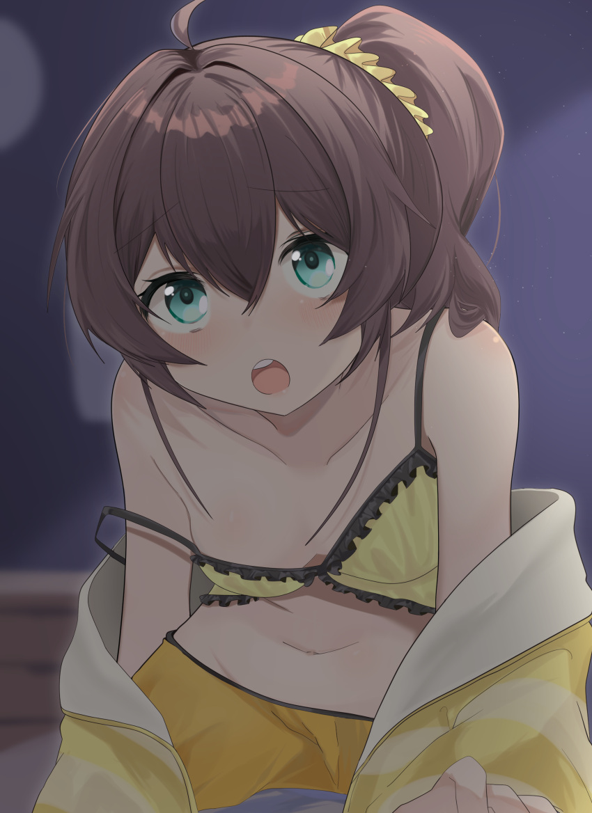 1girl 345_myk absurdres ahoge blue_eyes breasts brown_hair camisole collarbone dolphin_shorts eyebrows_visible_through_hair highres hololive jacket jacket_partially_removed midriff natsuiro_matsuri navel off_shoulder open_mouth scrunchie shorts side_ponytail small_breasts solo virtual_youtuber