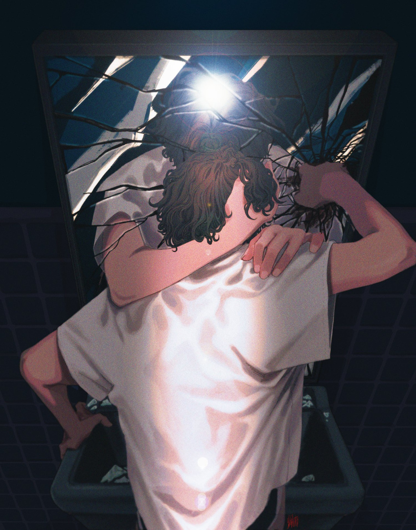 1boy bathroom blood broken_glass broken_mirror brown_hair crack dahui_wang different_reflection film_grain fingernails glass glass_shards highres hug indoors male_focus mirror original punching reflection shirt signature sink solo t-shirt tile_wall tiles white_shirt