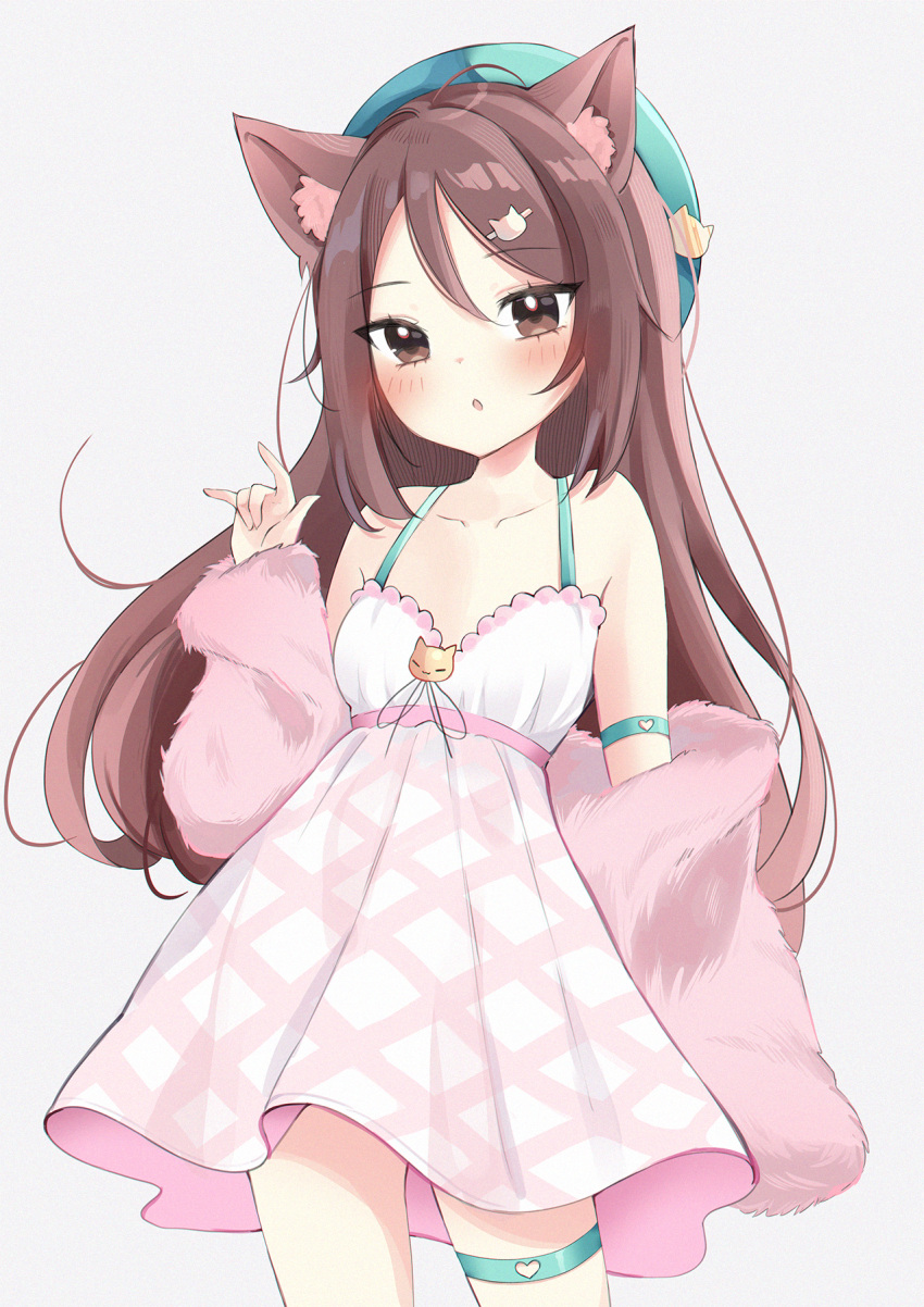 1girl ahoge animal_ear_fluff animal_ears anyuu bangs bare_shoulders beret blush brown_eyes brown_hair cat_ears cat_hair_ornament clothing_cutout collarbone commentary dress eyebrows_visible_through_hair green_headwear grey_background hair_between_eyes hair_ornament hairclip hand_up hat heart_cutout highres jacket long_hair looking_at_viewer off_shoulder original parted_bangs parted_lips pink_jacket romaji_commentary simple_background sleeveless sleeveless_dress solo thigh_strap very_long_hair white_dress