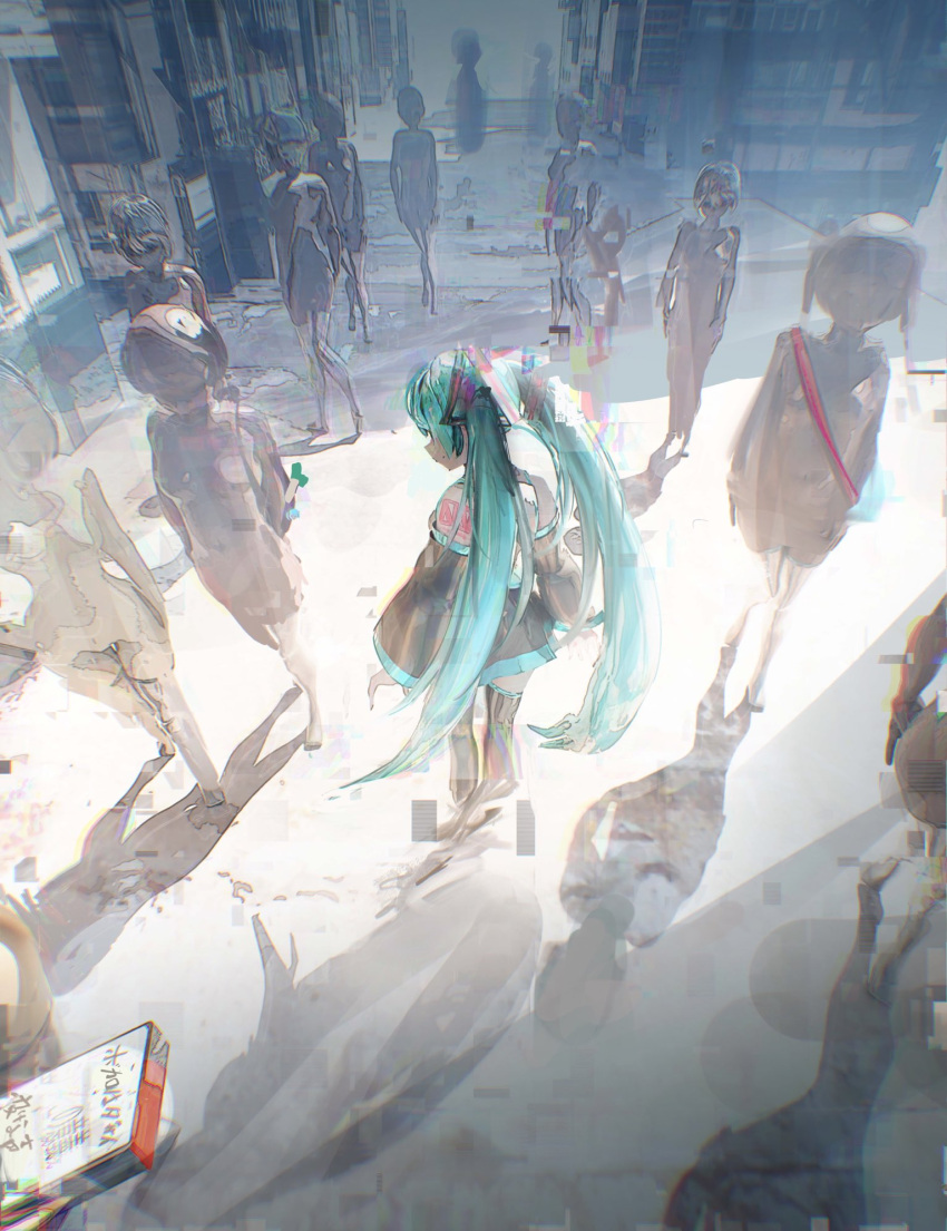 1girl aqua_hair black_legwear black_skirt black_sleeves commentary day detached_sleeves facing_away glitch hatsune_miku highres houtei9 long_hair number_tattoo outdoors people shade shadow silhouette skirt solo_focus spring_onion standing sunlight tattoo thigh-highs translated twintails very_long_hair vocaloid