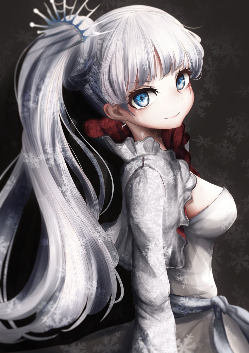 1girl blue_eyes closed_mouth dress from_side grey_jacket highres jacket looking_at_viewer looking_to_the_side narue one_side_up open_clothes open_jacket rwby smile solo weiss_schnee white_dress white_hair