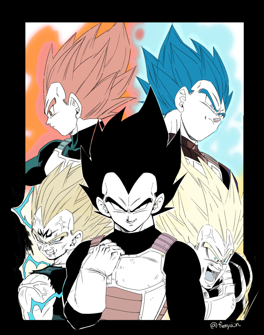 5boys absurdres anger_vein angry aqua_eyes arm_at_side armor black_bodysuit black_eyes black_hair blue_hair bodysuit border clenched_hand clenched_teeth dragon_ball dragon_ball_super dragon_ball_z electricity expressionless fenyon frown gloves grey_eyes hand_up highres looking_afar looking_at_viewer looking_down lower_teeth majin_vegeta male_focus multiple_boys multiple_persona muscular muscular_male open_mouth outline profile redhead saiyan_armor scratches screaming serious smirk spiky_hair super_saiyan super_saiyan_1 super_saiyan_2 super_saiyan_blue super_saiyan_god teeth twitter_username upper_body upper_teeth vegeta veins veiny_arms white_border white_gloves white_outline widow's_peak