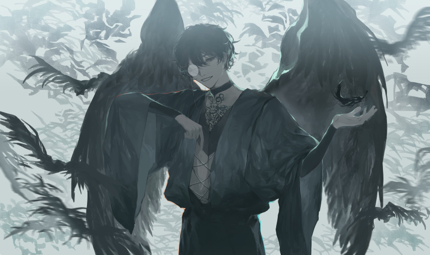 1boy absurdres amon_(lord_of_the_mysteries) angel angel_wings bangs bird black_eyes black_hair black_robe black_wings chinese_commentary commentary_request crow highres ji26725339 looking_at_viewer lord_of_the_mysteries monocle parted_lips short_hair smile teeth wings