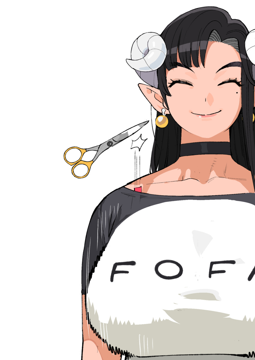 1girl ^_^ bouncing_breasts bra bra_strap breasts choker closed_eyes conto curled_horns cutting_clothes demon_girl dera_(conto) earrings highres horns jewelry large_breasts long_hair mole mole_under_eye off-shoulder_shirt off_shoulder original pink_bra pointy_ears raglan_sleeves scissors sheep_horns shirt smile solo straight_hair t-shirt thick_eyebrows underwear