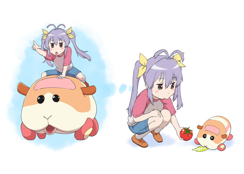 1girl antenna_hair brown_eyes crossover eyebrows_visible_through_hair full_body hair_ribbon highres lettuce long_hair looking_at_viewer miyauchi_renge non_non_biyori open_mouth pui_pui_molcar purple_hair ribbon riding tomato triangle_mouth twintails ueyama_michirou white_background yellow_ribbon