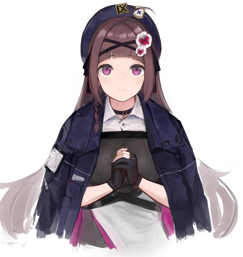 1girl bangs beret black_choker black_gloves blue_jacket brown_hair choker closed_mouth cropped_torso eyebrows_visible_through_hair fingerless_gloves flower girls_frontline gloves hair_flower hair_ornament hand_on_hand hat highres jacket jacket_on_shoulders long_hair looking_at_viewer nail_polish pink_nails rampart1028 rex_zero_1_(girls'_frontline) shirt smile solo upper_body violet_eyes white_background white_shirt