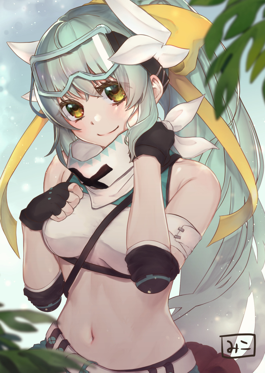 1girl bangs blush breasts dragon_girl dragon_horns elbow_pads fate/grand_order fate_(series) fingerless_gloves gloves goggles goggles_on_head green_hair highres horns kiyohime_(fate) long_hair looking_at_viewer medium_breasts multiple_horns navel ponytail scarf smile solo yellow_eyes