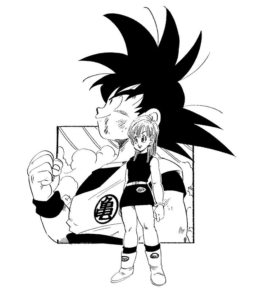 1boy 1girl ankle_boots bare_arms belt black_dress black_eyes black_hair black_legwear black_wristband boots bracelet breasts bulma clenched_hand closed_mouth clothes_writing clouds cloudy_sky collarbone cropped_torso dirty dirty_face dougi dragon_ball dragon_ball_(classic) dress earrings fenyon fingernails full_body hair_between_eyes hair_strand hand_up highres jewelry looking_afar looking_up medium_breasts medium_hair messy_hair monochrome obi parted_lips profile sash scratches simple_background sky sleeveless sleeveless_dress smile socks son_goku spiky_hair standing straight_hair tareme upper_body white_background wristband