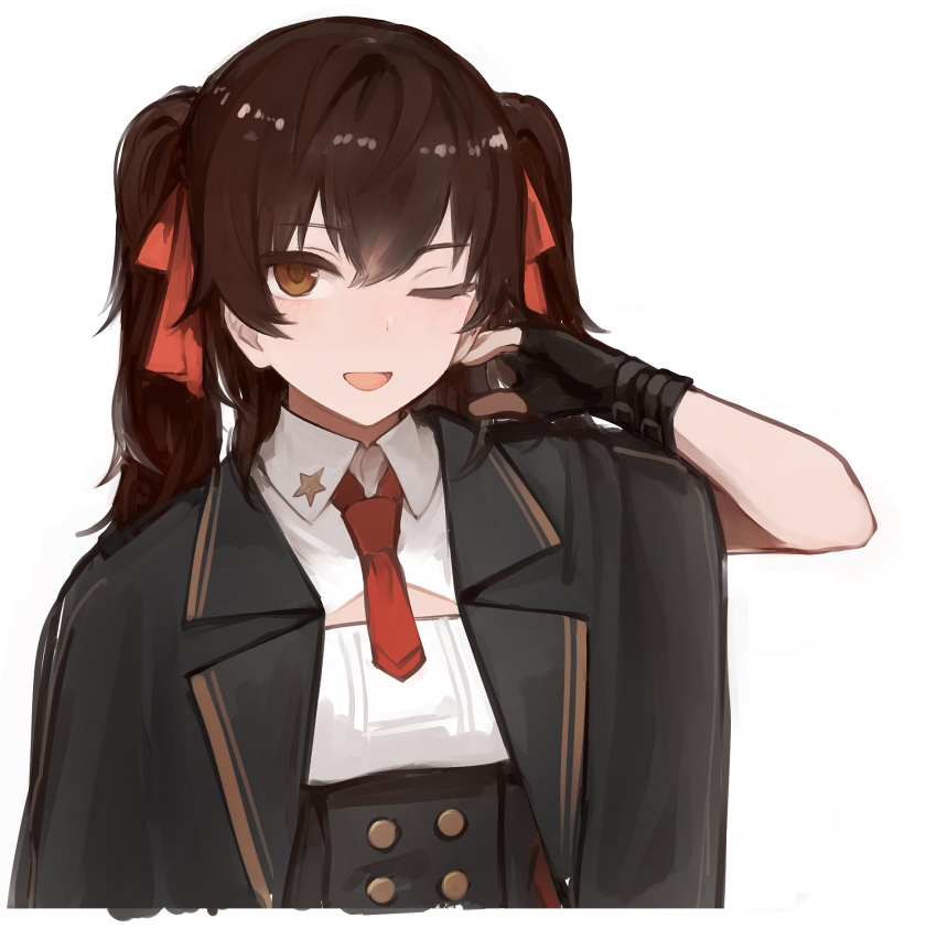 1girl bangs black_gloves black_jacket brown_eyes brown_hair cropped_torso eyebrows_visible_through_hair fingerless_gloves girls_frontline gloves hair_ribbon hand_in_own_hair highres jacket long_hair looking_at_viewer necktie one_eye_closed open_mouth rampart1028 red_necktie red_ribbon ribbon shirt smile solo twintails type_95_(girls'_frontline) upper_body white_background white_shirt