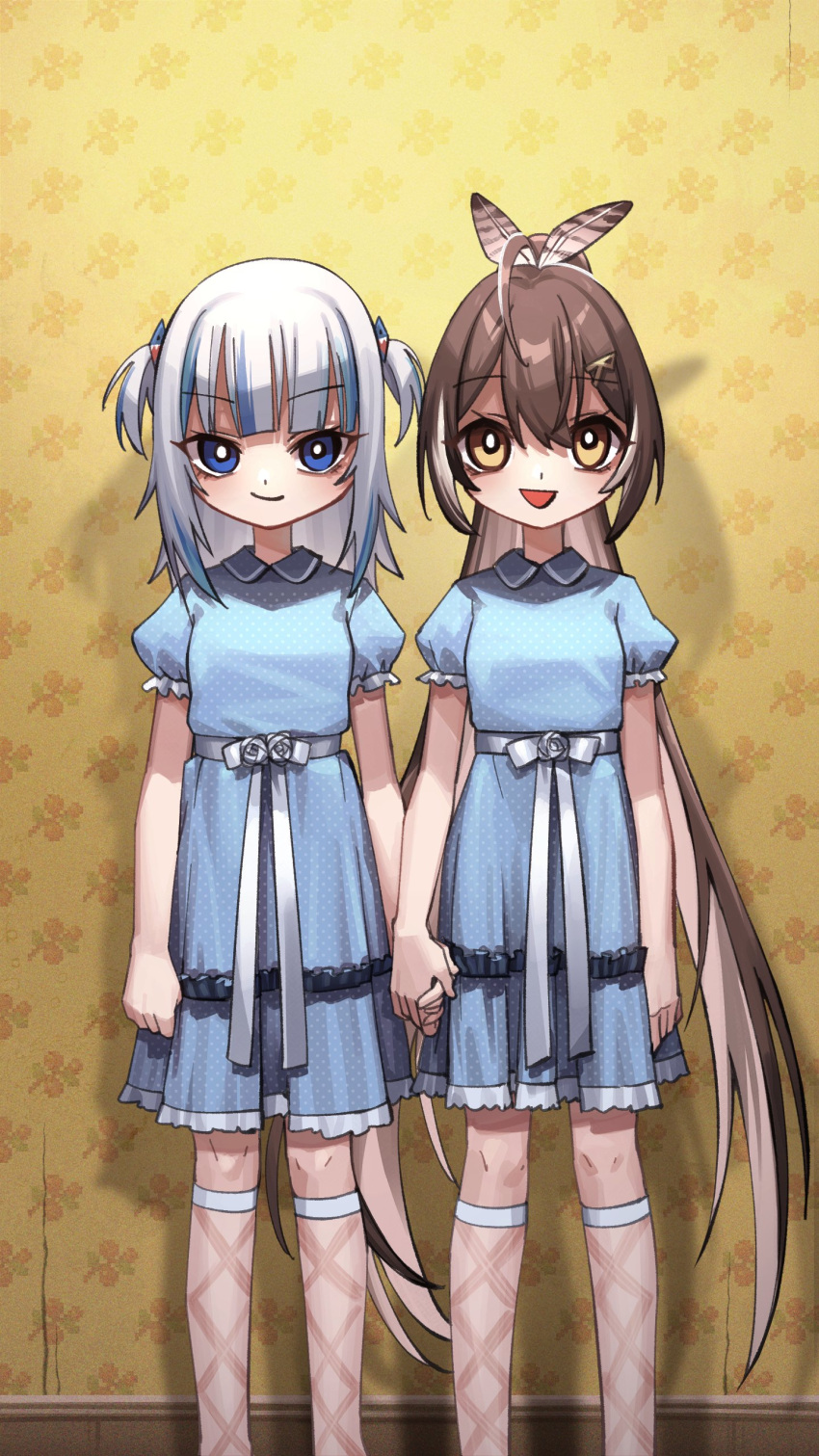 2girls absurdres adarin bangs blue_dress blue_eyes blue_hair blunt_bangs brown_eyes brown_hair dress eyebrows_visible_through_hair feather_hair_ornament feathers gawr_gura hair_ornament highres holocouncil hololive hololive_english holomyth kneehighs long_hair looking_at_viewer multicolored_hair multiple_girls nanashi_mumei open_mouth ribbon shark_hair_ornament short_sleeves short_twintails smile streaked_hair twintails virtual_youtuber white_hair
