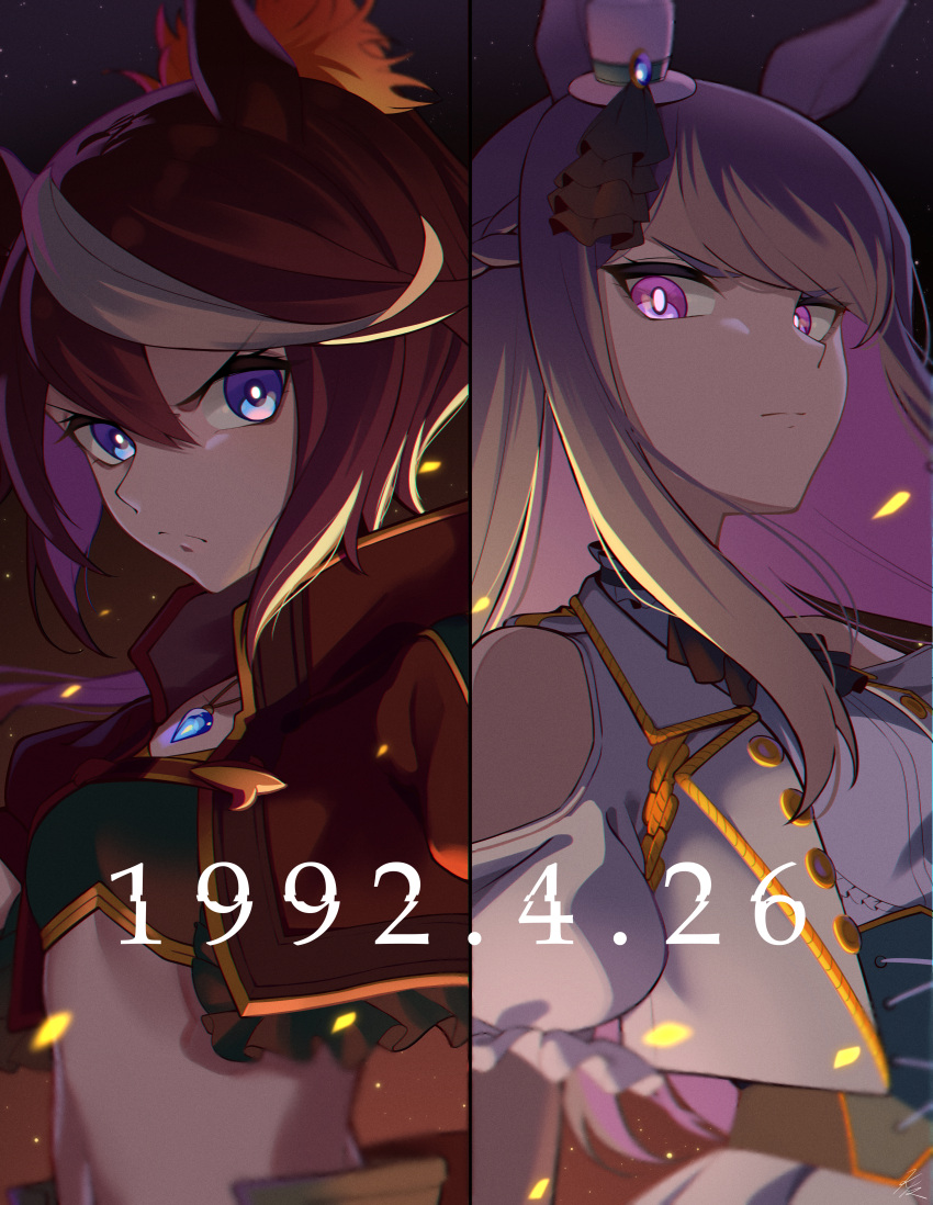 2girls absurdres animal_ears bandeau blue_eyes breasts brown_hair clothing_cutout cropped_jacket dated embers floating_hair glaring haibarasaika hat highres horse_ears horse_girl jacket jewelry long_hair mejiro_mcqueen_(umamusume) mini_hat mini_top_hat multicolored_hair multiple_girls navel necklace official_alternate_costume open_clothes open_jacket puffy_short_sleeves puffy_sleeves purple_hair short_sleeves shoulder_cutout small_breasts split_screen stomach streaked_hair tokai_teio_(umamusume) top_hat umamusume upper_body violet_eyes white_hair