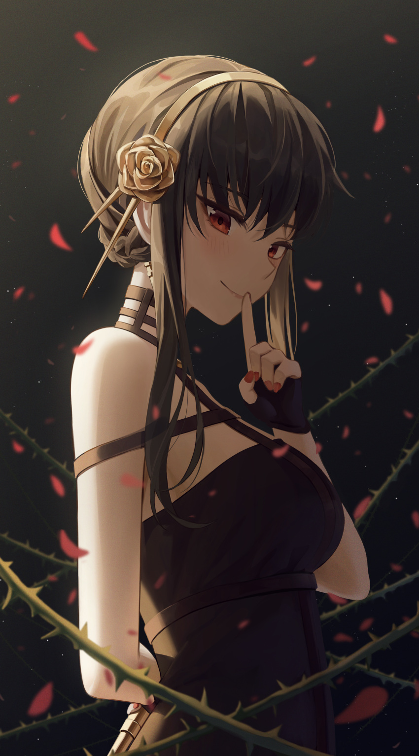 1girl absurdres arm_behind_back black_hair breasts closed_mouth finger_to_mouth gold_hairband highres index_finger_raised medium_breasts medium_hair petals plant pul_(gks569) red_eyes rose_hair_ornament smile solo spy_x_family vines yor_briar