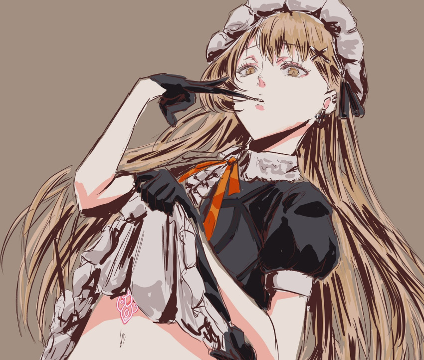 1girl chika_(keiin) clothes_lift dress dress_lift earrings frilled_hairband frills girls_frontline glove_in_mouth glove_pull gloves glowing_tattoo hairband jewelry light_brown_eyes light_brown_hair mouth_hold ppk_(girls'_frontline) puffy_short_sleeves puffy_sleeves short_sleeves sketch solo stomach_tattoo tattoo