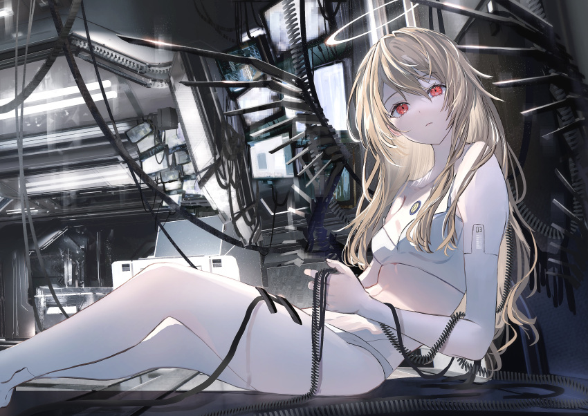 1girl absurdres bangs bare_legs bare_shoulders bra breasts closed_mouth highres light_brown_hair long_hair looking_at_viewer medium_breasts nanaponi original panties parted_bangs red_eyes sitting solo underwear white_bra