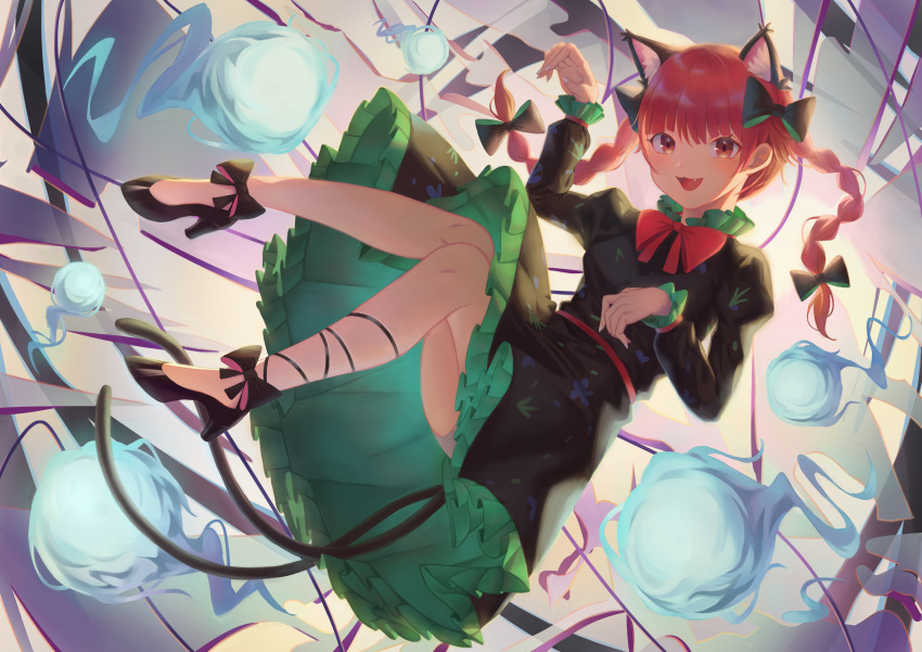 1girl absurdres animal_ears black_bow black_footwear bow bowtie braid cat_ears cat_tail dress extra_ears fat123 footwear_bow frilled_dress frilled_sleeves frills full_body green_dress hair_bow high_heels highres juliet_sleeves kaenbyou_rin leg_strap long_hair long_sleeves multiple_tails nekomata open_mouth panties pantyshot puffy_sleeves red_bow red_bowtie red_eyes red_sash redhead sash solo tail touhou twin_braids two_tails underwear white_panties