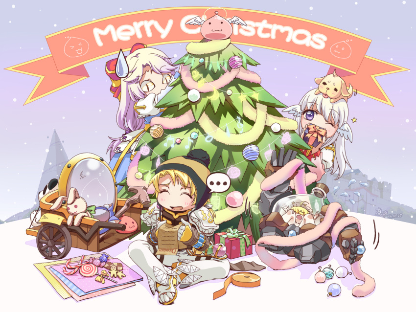 &gt;_&lt; ... 2boys 2girls :3 angeling animal_on_head arch_bishop_(ragnarok_online) armor bangs banner beanie blonde_hair blue_dress candy candy_cane castle checkerboard_cookie chinese_commentary christmas christmas_ornaments christmas_tree closed_eyes commentary_request cookie cross dated day dieter_(ragnarok_online) dog dog_on_head dress eyebrows_visible_through_hair food full_body fumiao genetic_(ragnarok_online) gift gloves hair_between_eyes hat head_wings highres jacket lollipop long_hair looking_at_another looking_at_viewer merry_christmas multiple_boys multiple_girls on_head one_eye_closed open_mouth outdoors pants pauldrons pink_hair pom_pom_(clothes) poring ragnarok_online sash seeing_stars shoes short_hair shoulder_armor signature sitting slit_pupils snow snowing spoken_ellipsis staff standing star_(symbol) stuffed_animal stuffed_bunny stuffed_toy sweatdrop teeth tree vial violet_eyes white_footwear white_gloves white_hair white_jacket white_pants white_wings wings wrapping_paper yellow_sash