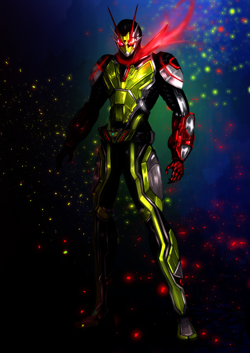 1boy armor bug commentary_request cowboy_shot full_body glowing glowing_eyes grasshopper highres kamen_rider kamen_rider_01_(series) kamen_rider_zero-one kamen_rider_zero-two looking_at_viewer open_hands red_eyes scarf solo tokusatsu trance_enhance