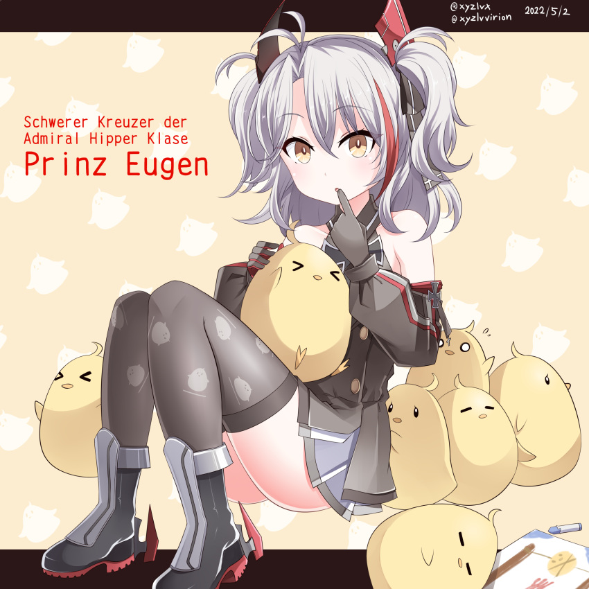&gt;_&lt; 1girl :o absurdres animal animal_print azur_lane bangs bare_shoulders bird bird_print black_footwear blush boots brown_background brown_eyes character_name chick closed_eyes commentary_request dated detached_sleeves dress eyebrows_visible_through_hair finger_to_mouth gloves grey_dress grey_gloves grey_hair grey_legwear grey_sleeves hair_between_eyes hebitsukai-san highres knees_up little_prinz_eugen_(azur_lane) long_sleeves looking_at_viewer manjuu_(azur_lane) multicolored_hair parted_bangs parted_lips pleated_skirt print_legwear puffy_long_sleeves puffy_sleeves redhead sitting skirt sleeveless sleeveless_dress solo streaked_hair thigh-highs thighhighs_under_boots twitter_username two_side_up white_skirt