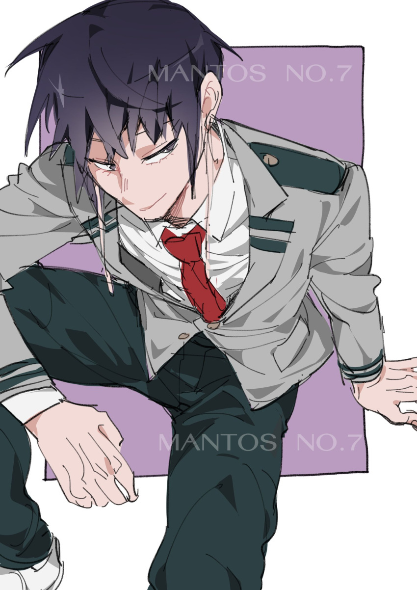 1boy artist_name boku_no_hero_academia closed_mouth collared_shirt commentary genderswap genderswap_(ftm) green_pants grey_jacket highres jacket jirou_kyouka long_earlobes long_sleeves looking_to_the_side male_focus mantos_no.7 necktie pants purple_background purple_hair red_necktie school_uniform shirt short_hair sitting sketch smile solo thai_commentary u.a._school_uniform watermark white_background white_shirt