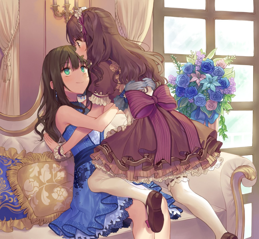 2girls bad_id bad_pixiv_id bangs bare_shoulders blue_dress blue_flower blue_gloves brown_dress brown_eyes brown_footwear brown_hair closed_mouth couch curtains dress earrings flower frilled_dress frills gloves green_eyes hands_on_another's_back highres idolmaster jewelry leaf long_hair looking_at_another misha_(hoongju) multiple_girls open_mouth pillow pink_flower shibuya_rin shimamura_uzuki shoes short_sleeves sitting sleeveless sleeveless_dress smile thigh-highs wavy_hair white_legwear wrist_cuffs yuri