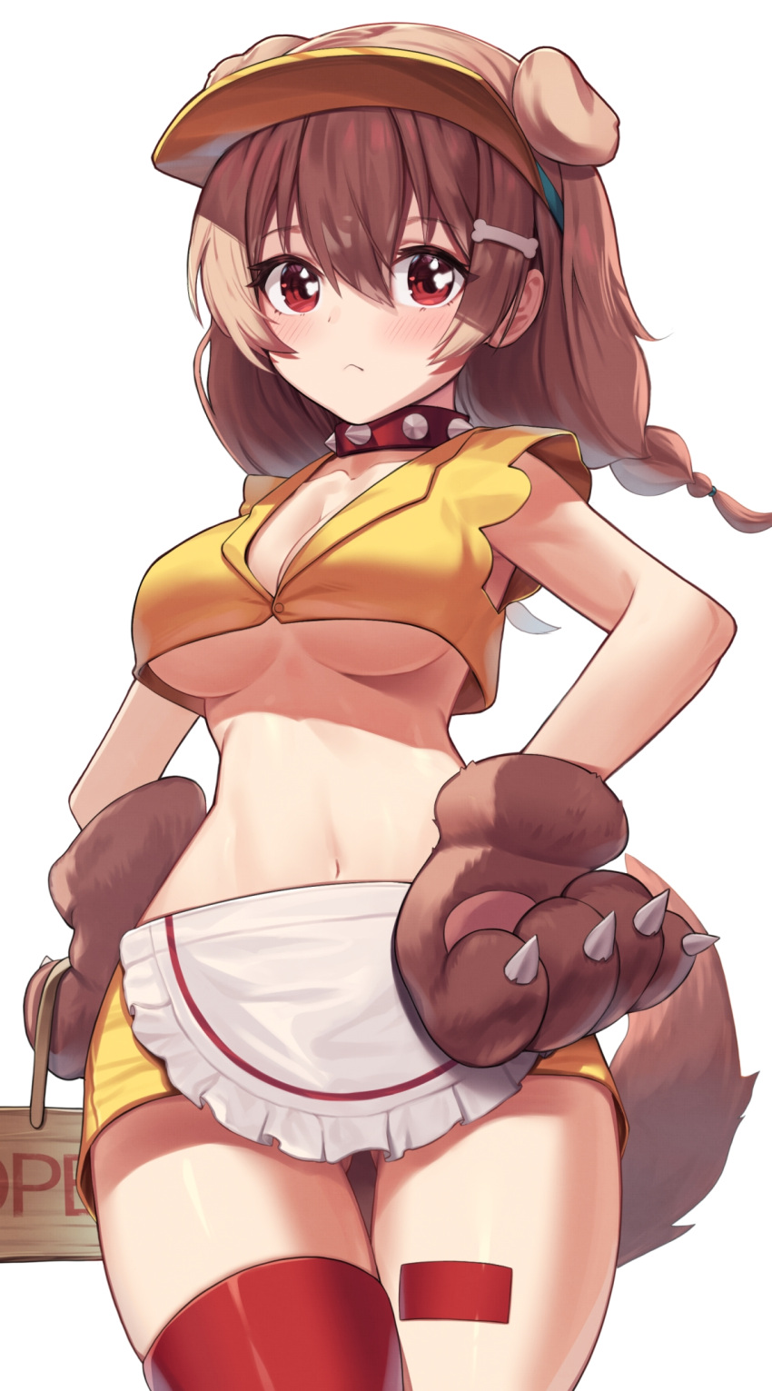 1girl :&lt; animal_ears brown_hair closed_mouth collar dog_ears doggy_god's_street highres hololive inugami_korone long_hair looking_at_viewer red_eyes solo virtual_youtuber visor_cap woogi_(duguddnr)