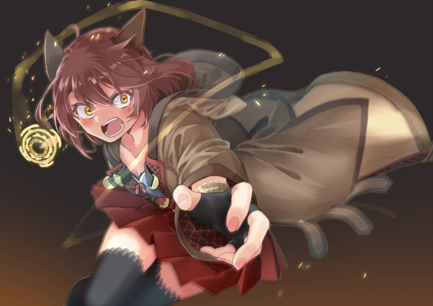 1girl amane_rosylily angry animal_ears black_legwear brown_coat brown_hair cat clenched_hand coat fingerless_gloves fox_ears fox_girl gloves highres hood hood_down hooded_coat incoming_attack incoming_punch open_clothes open_coat orange_eyes original pleated_skirt punching red_skirt sekira_ame short_hair skirt thigh-highs v-shaped_eyebrows zettai_ryouiki