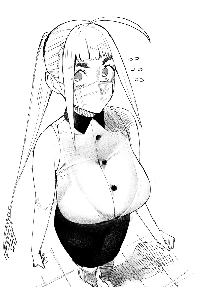 1girl absurdres ahoge bangs blush bra_visible_through_clothes bralines breasts buttons conto eyebrows_visible_through_hair eyes_visible_through_hair flying_sweatdrops from_above greyscale hanako_(conto) hatching_(texture) highres huge_ahoge large_breasts long_hair mask monochrome mouth_mask original pencil_skirt ponytail see-through shirt sidelocks skirt sleeveless sleeveless_shirt solo surgical_mask sweat sweatdrop thick_thighs thighs wet wet_clothes wet_shirt