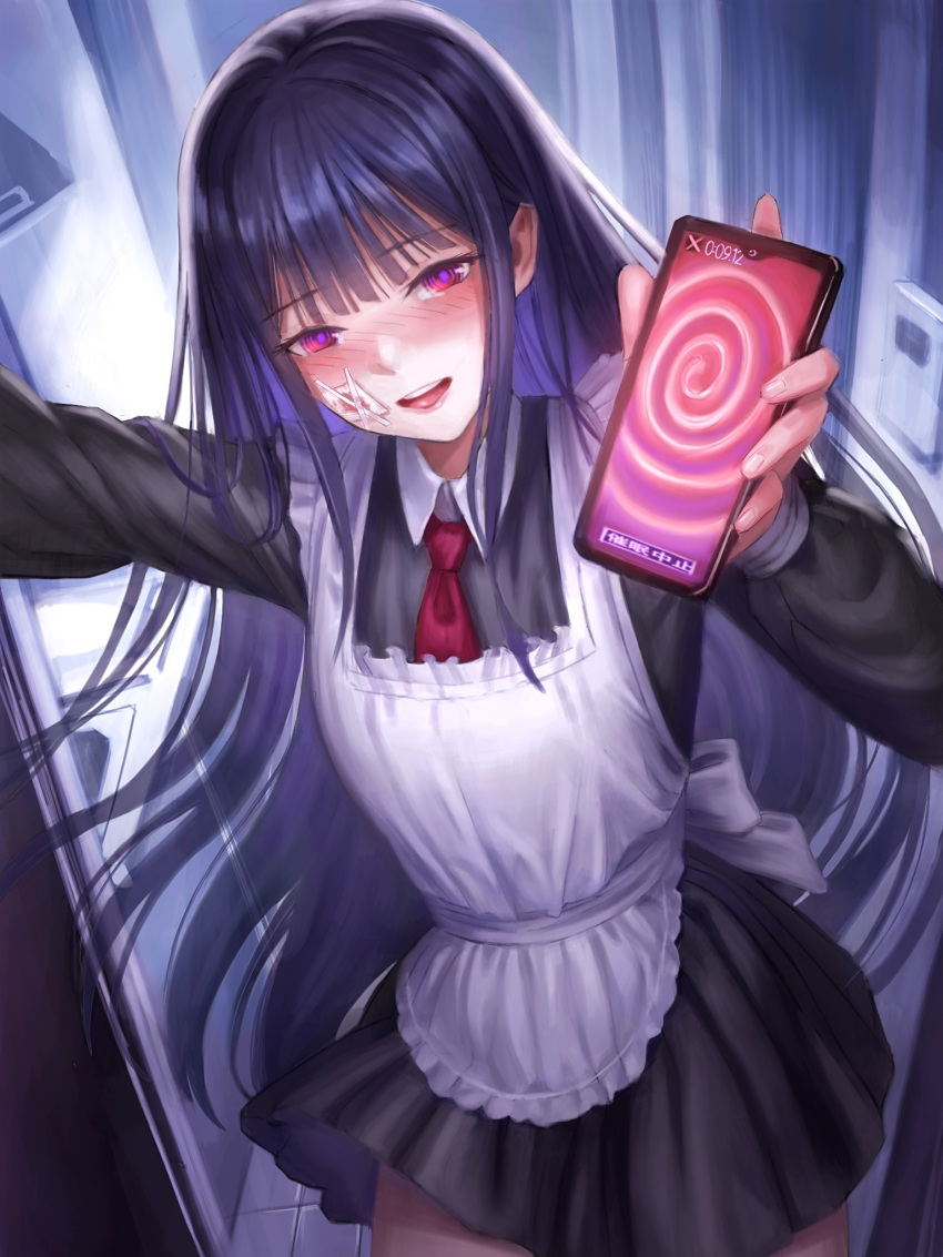 1girl black_hair eyebrows_visible_through_hair highres holding holding_phone hypnosis kafkasea long_hair long_sleeves maid mind_control original patch phone pov red_eyes standing yandere