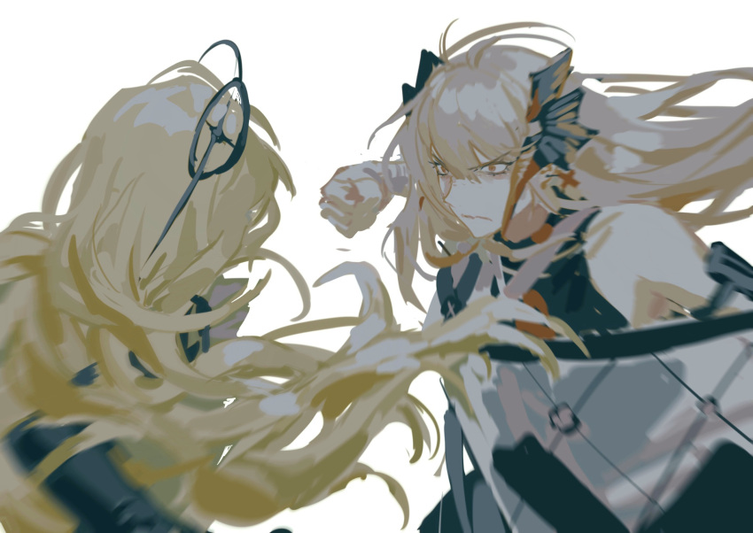 2girls arknights blonde_hair character_request dragon_horns fighting highres hkeno holding holding_shield horns long_hair multiple_girls saria_(arknights) shield simple_background white_background