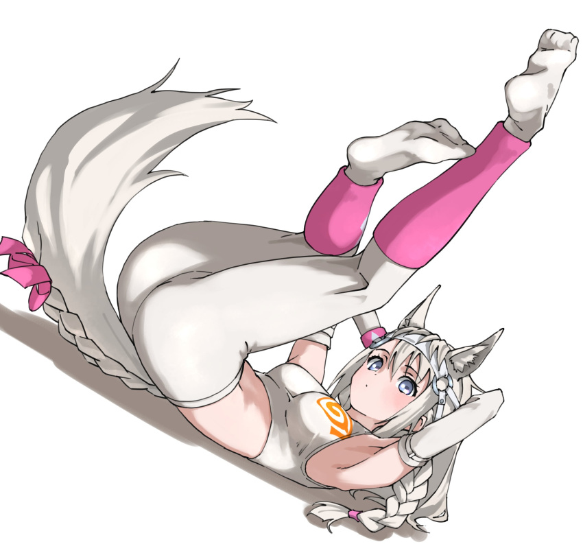1girl animal_ears arms_behind_head blue_eyes blush bow braid braided_tail commentary_request elbow_gloves extra_ears eyebrows_visible_through_hair gloves hair_bow headgear highres horse_ears horse_girl horse_tail kemono_friends leg_warmers legs_up long_hair lying midriff no_shoes on_back pantyhose pink_bow sleeveless solo sports_bra sportswear tail tail_bow tail_ornament tanabe_(fueisei) white_gloves white_hair white_legwear white_sports_bra white_thoroughbred_(kemono_friends)