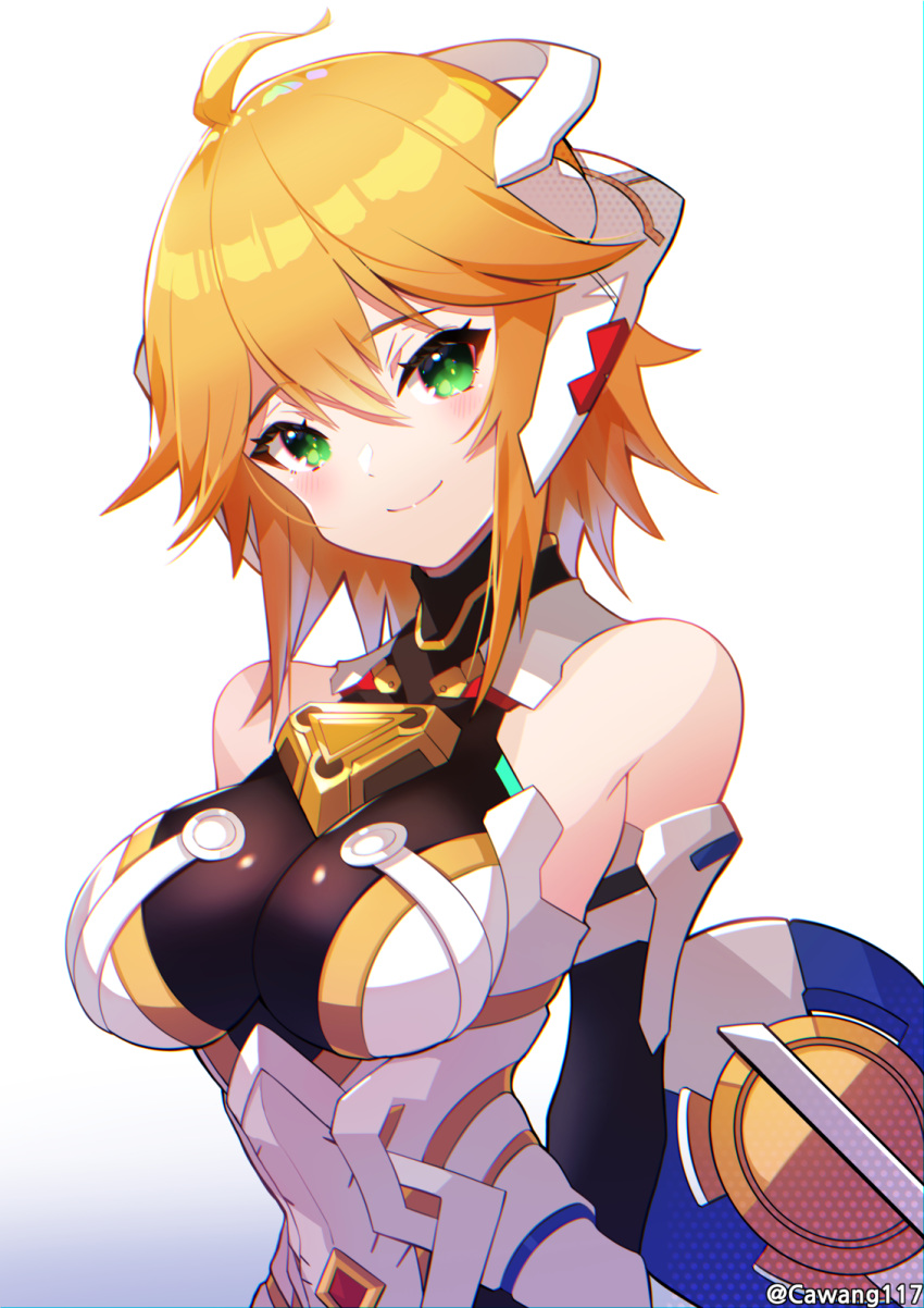 bare_shoulders blonde_hair breasts cawang cyborg fiora_(xenoblade) green_eyes grey_background highres mecha-fiora medium_breasts short_hair smile twitter_username upper_body white_background xenoblade_chronicles xenoblade_chronicles_(series)