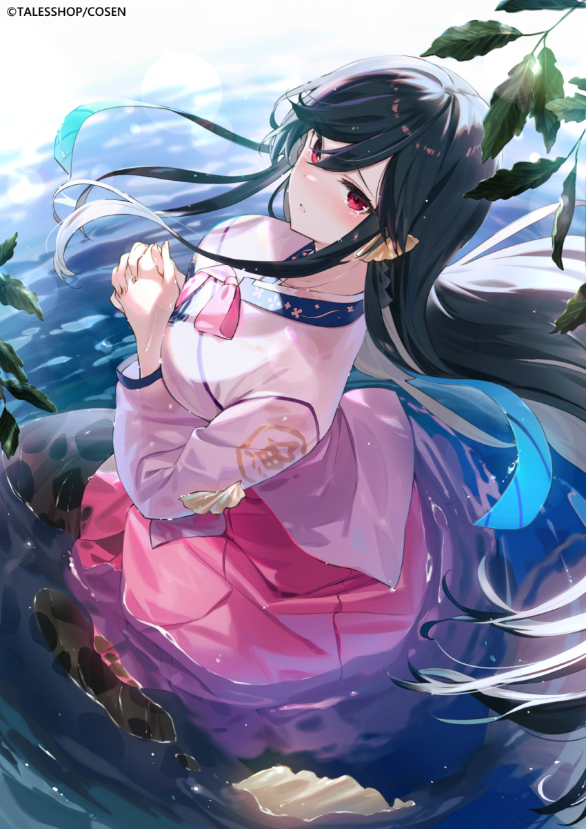 1girl black_hair boku_no_kanojo_wa_ningyohime!? breasts colored_inner_hair commentary_request highres koma_ion korean_clothes large_breasts leaf long_hair long_sleeves looking_at_viewer mermaid monster_girl multicolored_hair official_art own_hands_clasped own_hands_together pink_skirt red_eyes shirt shnva sidelocks skirt solo two-tone_hair very_long_hair water wet wet_clothes white_hair white_shirt