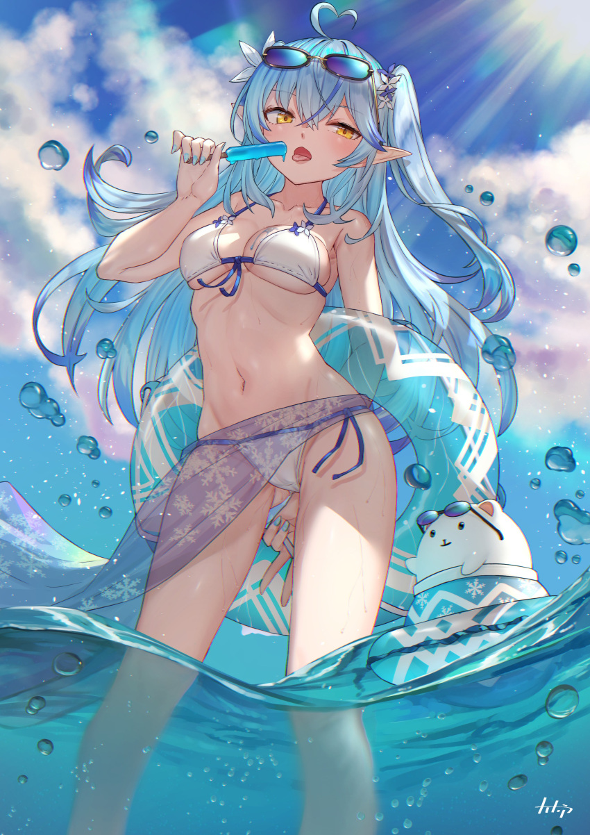 1girl absurdres ahoge arpeggio_kaga ass_visible_through_thighs bangs bikini blue_hair blue_nails eyewear_on_head food hair_between_eyes halterneck highres holding holding_food hololive long_hair midriff multicolored_hair nail_polish navel partially_submerged pointy_ears popsicle see-through signature solo standing streaked_hair sunglasses swimsuit thighs tongue tongue_out two_side_up very_long_hair water white_bikini yellow_eyes yukihana_lamy