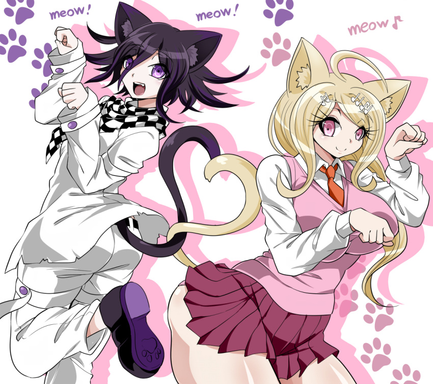 829gogorira akamatsu_kaede animal_ears blonde_hair breasts cat_ears cat_tail danganronpa_(series) danganronpa_v3:_killing_harmony eyelashes hair_ornament happy huge_breasts large_breasts looking_at_viewer miniskirt musical_note_hair_ornament ouma_kokichi paw_pose pink_sweater purple_skirt skirt smile sweater tail thick_thighs thighs