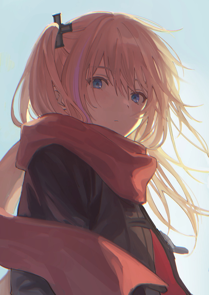 1girl blue_eyes coat commentary_request dm_owr expressionless girls_frontline hair_ornament highres long_hair looking_at_viewer multicolored_hair one_side_up outdoors pink_hair purple_hair red_scarf scarf sky solo st_ar-15_(girls'_frontline) streaked_hair upper_body