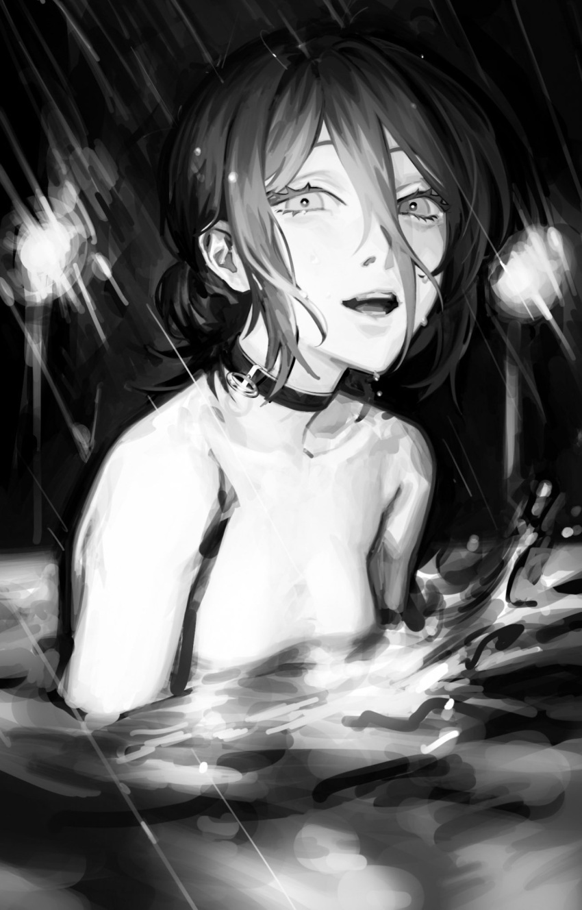1girl breasts chainsaw_man choker commentary eyelashes grenade_pin greyscale hair_between_eyes hair_bun highres looking_at_viewer monochrome open_mouth outdoors partially_submerged rain reze_(chainsaw_man) seki_(fyfyfy) short_hair small_breasts solo topless upper_body water