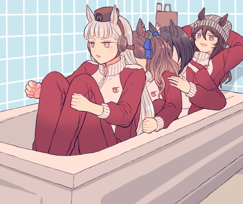 4girls animal_ears arms_behind_head bangs bathtub beanie black_hair brown_hair commentary_request cool_runnings ears_through_headwear eishin_flash_(umamusume) faceless faceless_female gold_ship_(umamusume) grey_hair grey_headwear hat high_collar highres horse_ears indoors jacket knees_up long_hair long_sleeves multiple_girls nakayama_festa_(umamusume) open_mouth pants parody red_jacket red_pants riccovich scene_reference short_hair sitting smile tosen_jordan_(umamusume) track_jacket twintails umamusume