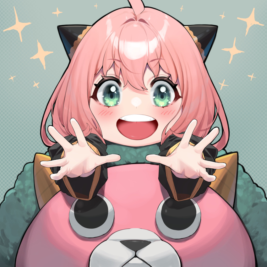 1girl :d ahoge anya_(spy_x_family) blush child double_bun green_eyes highres horns long_sleeves mikan_(chipstar182) open_mouth pink_hair reaching_out short_hair smile sparkle spy_x_family stuffed_animal stuffed_toy teeth upper_teeth