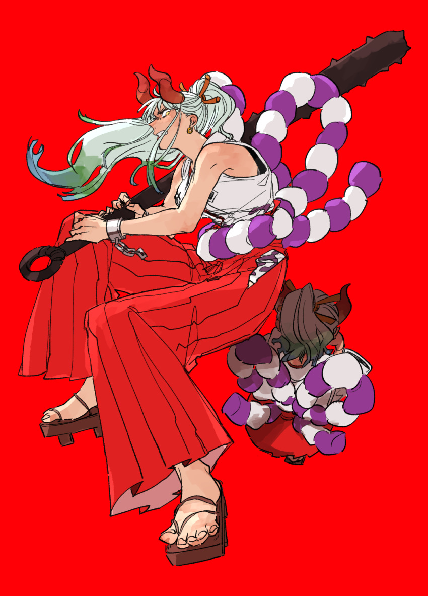 clenched_teeth club_(weapon) cuffs dual_persona fighting_stance hakama hakama_pants highres holding holding_weapon japanese_clothes kanabou long_hair mgmsop multicolored_hair one_piece pants ponytail red_background sandals teeth weapon white_hair wrist_cuffs yamato_(one_piece)