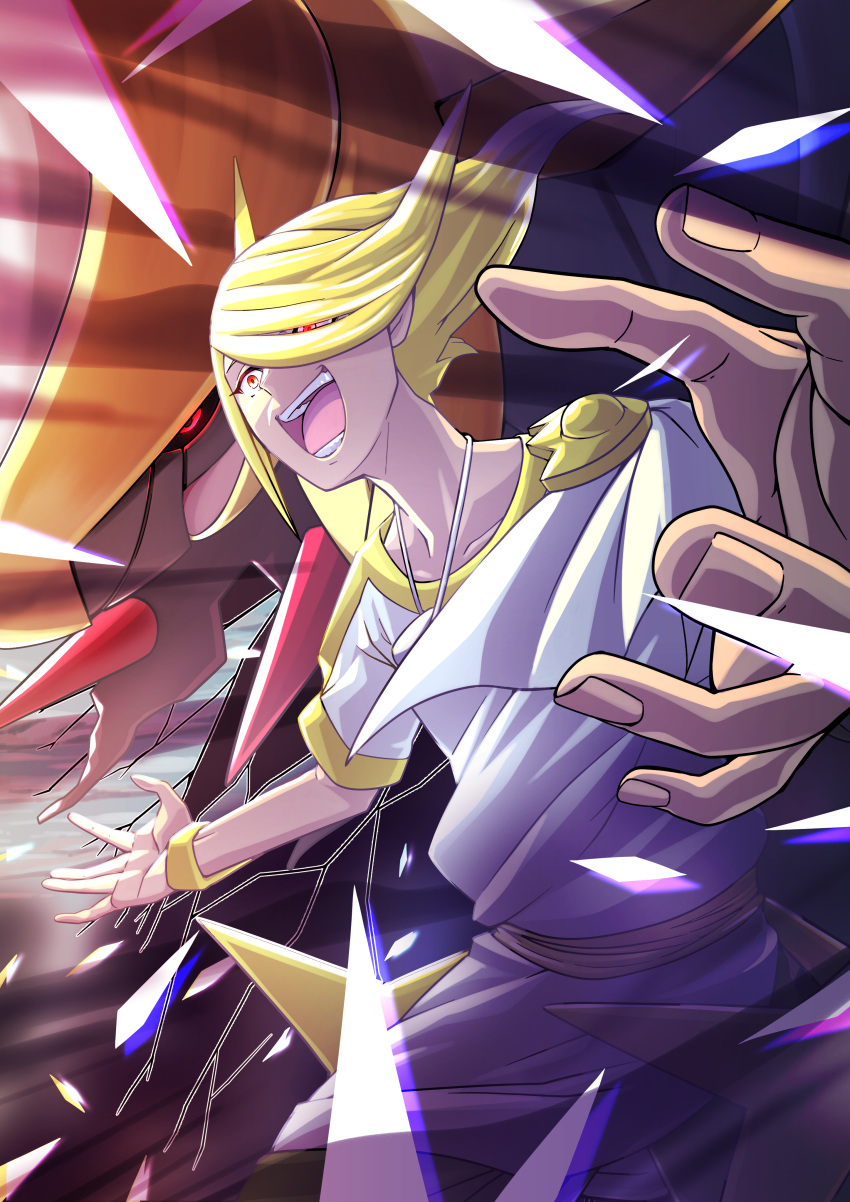 1boy 1other absurdres asymmetrical_clothes blonde_hair bracelet breaking collarbone crack darkness evil_smile foreshortening giratina gold_trim highres jewelry kakashino_kakato necklace open_mouth outstretched_arms outstretched_hand pale_skin pokemon pokemon_(game) pokemon_legends:_arceus red_eyes shadow_force_(pokemon) shards smile spoilers teeth volo_(pokemon) white_tunic