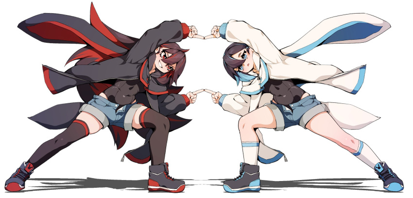 2girls bangs black_jacket black_legwear black_leotard blue_hair brown_hair calf_socks covered_navel denim denim_shorts fusion_dance grin hair_between_eyes highleg highleg_leotard highres jacket k.tomato leotard leotard_under_clothes long_hair looking_at_another multicolored_hair multiple_girls open_fly original red_eyes redhead short_hair short_shorts shorts simple_background slit_pupils smile standing streaked_hair thigh-highs thighs triangle_mouth two-tone_hair very_long_hair white_background white_jacket white_legwear