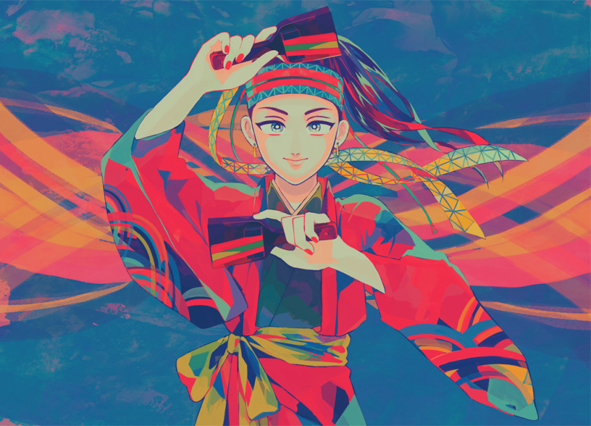 1other androgynous arm_up blue_background colorful earrings hand_up headband holding japanese_clothes jewelry nail_polish original ponytail red_nails sharp911 smile solo straight-on tagme upper_body wind