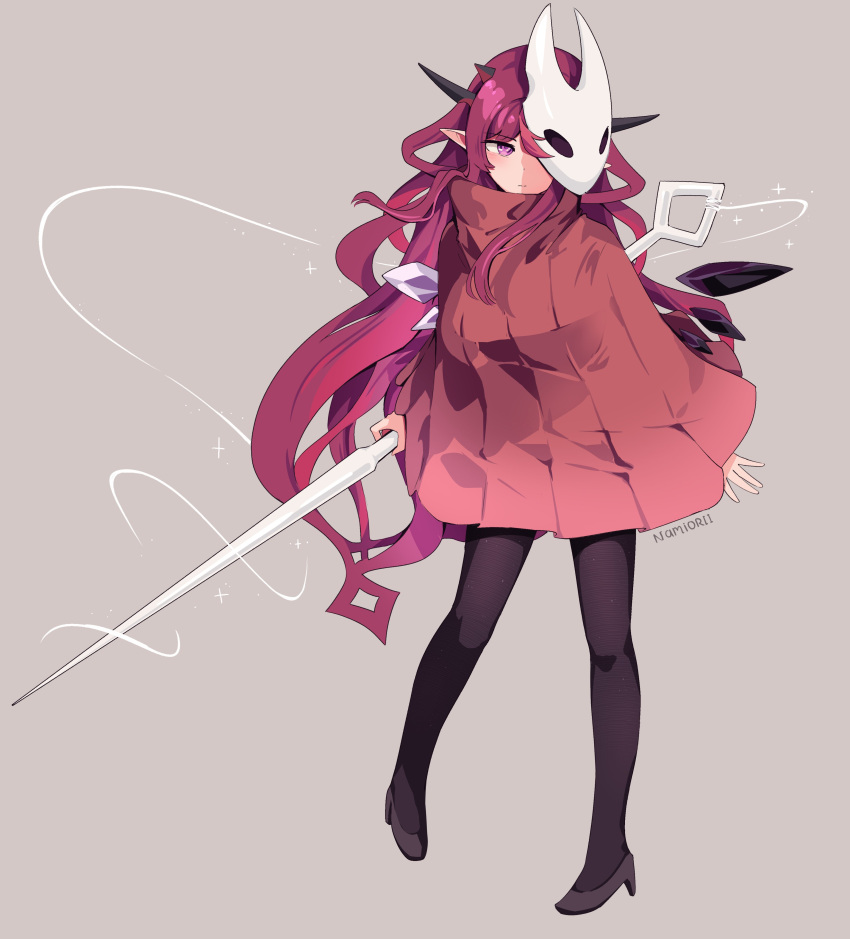 1girl absurdres bangs cloak highres holding holding_weapon hollow_knight hololive hololive_english hornet_(hollow_knight) horns irys_(hololive) long_hair mask namii_(namialus_m) needle_(hollow_knight) pointy_ears purple_hair red_cloak simple_background standing thread violet_eyes virtual_youtuber weapon