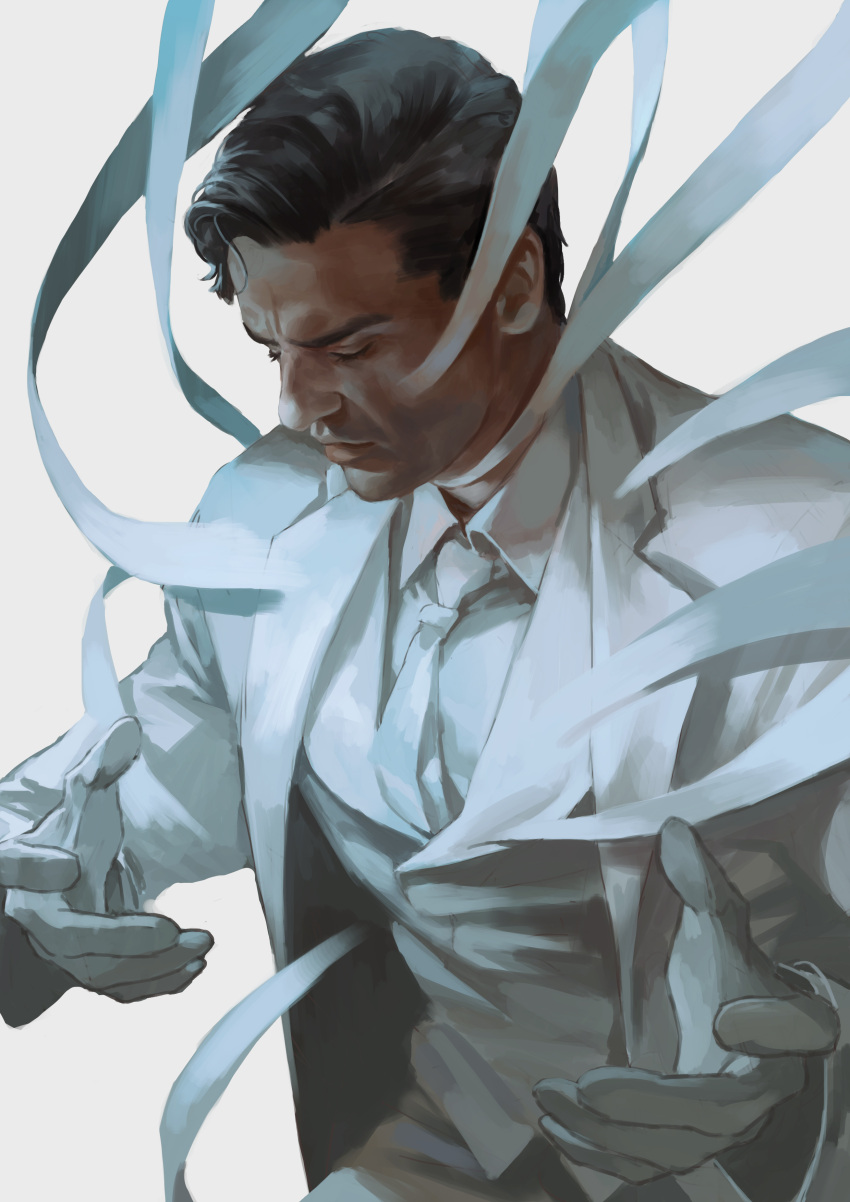 1boy absurdres bandages black_hair closed_eyes closed_mouth collared_shirt facial_hair formal highres jacket male_focus mamba marvel marvel_cinematic_universe moon_knight moon_knight_(disney+) necktie open_clothes open_jacket pants shirt short_hair solo suit superhero vest white_jacket white_pants white_shirt white_suit white_vest