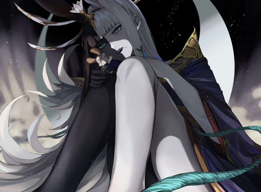 1girl animal_ears aqua_eyes bangs black_hair black_skin blunt_bangs carrot colored_skin commentary crescent_moon feet_out_of_frame final_fantasy final_fantasy_xiv giant giantess glaa_da hand_on_another's_face highres japanese_clothes kimono long_hair looking_at_another loporrit mole mole_under_mouth moon multicolored_hair multicolored_skin parted_lips purple_kimono rabbit_ears sitting size_difference split-color_hair straight_hair tiara tsukuyomi_(ff14) two-tone_hair two-tone_skin white_hair white_skin